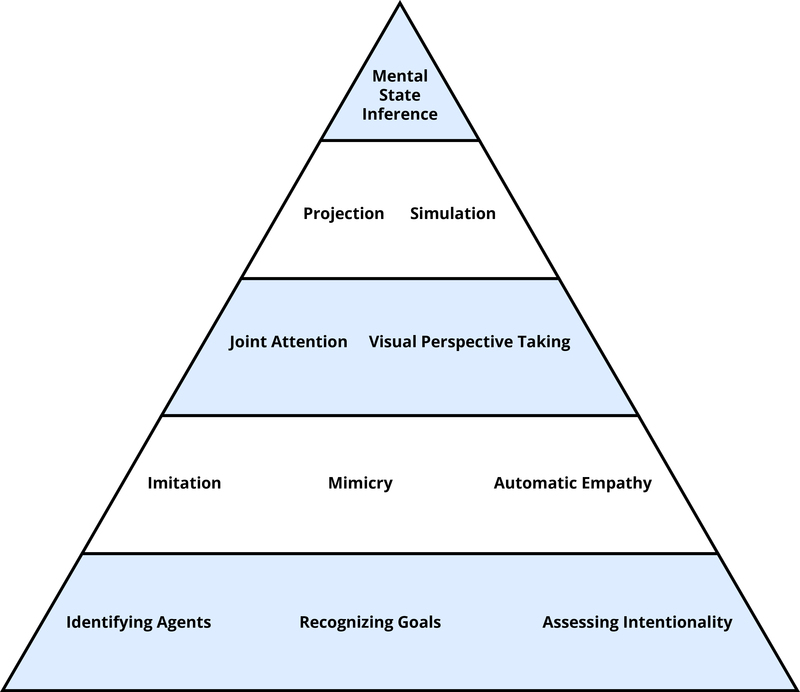Tools of Theory of Mind displayed as a pyramid with evolutionarily old process lower in the pyramid and evolutionarily recent processes higher in the pyramid. On the bottom level - "Identifying Agents", "Recognizing Goals", "Assessing Intentionality". Level 2 - "Imitation", "Mimicry", "Automatic Empathy". Level 3 - "Joint Attention", "Visual Perspective Taking". Level 4 - "Projection", "Simulation". Top level - "Mental State Inference". Tools of Theory of Mind displayed as a pyramid with evolutionarily old process lower in the pyramid and evolutionarily recent processes higher in the pyramid. On the bottom level - "Identifying Agents", "Recognizing Goals", "Assessing Intentionality". Level 2 - "Imitation", "Mimicry", "Automatic Empathy". Level 3 - "Joint Attention", "Visual Perspective Taking". Level 4 - "Projection", "Simulation". Top level - "Mental State Inference".
