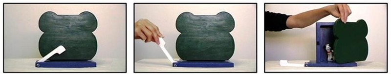 The two-step event sequence Find the Surprise. The picture on the left shows all of the toys needed to complete the event. The picture in the middle shows a hand flipping the latch out of the way so the door can be opened (step 1). The picture on the right shows a hand opening the door, ultimately revealing a plastic figurine hidden inside (step 2). The two-step event sequence Find the Surprise. The picture on the left shows all of the toys needed to complete the event. The picture in the middle shows a hand flipping the latch out of the way so the door can be opened (step 1). The picture on the right shows a hand opening the door, ultimately revealing a plastic figurine hidden inside (step 2).
