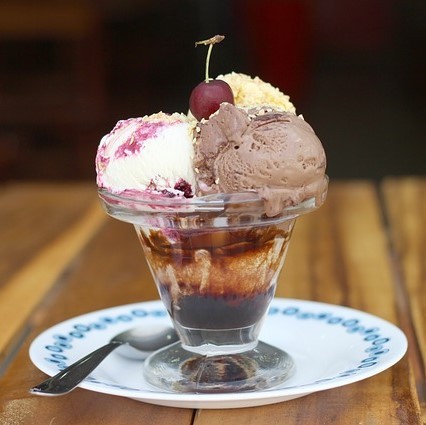 An ice cream sundae with a cherry on top.