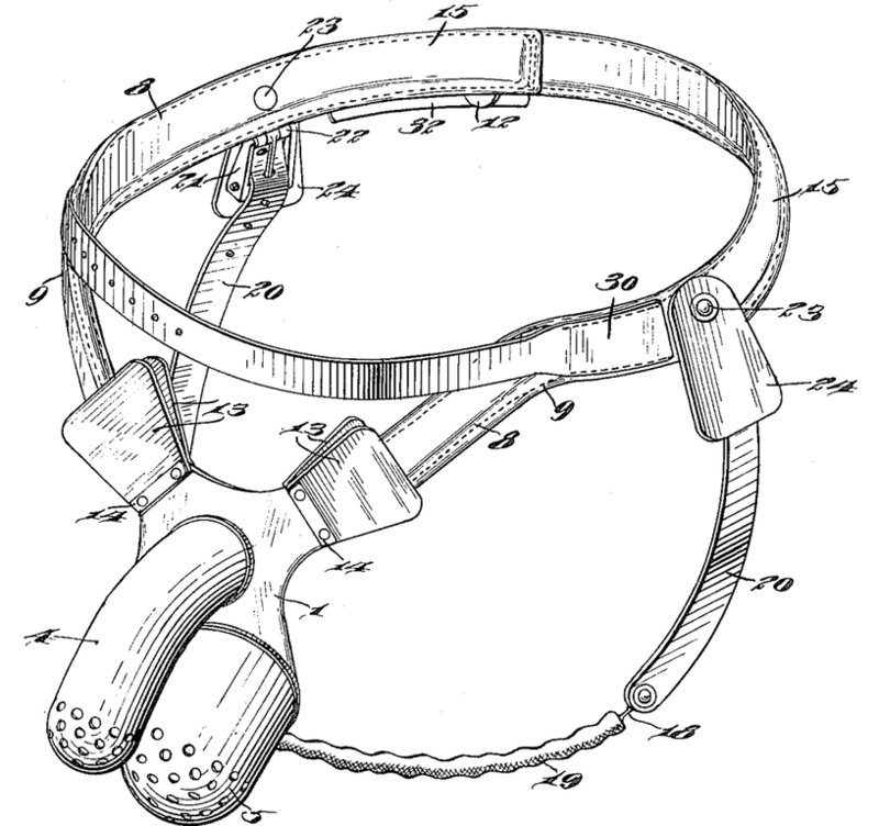 A technical drawing of an anti-masturbation chastity belt with key components numbered for reference. A technical drawing of an anti-masturbation chastity belt with key components numbered for reference.
