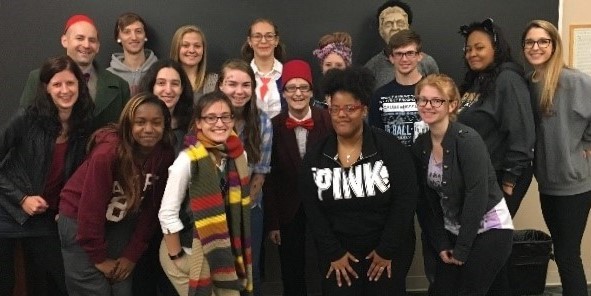 Image: Students, teaching assistant, and instructor from a Doctor Who course at McDaniel College. Photo by Jack Arnal.