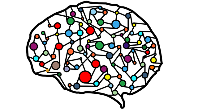 An image of a brain with multi-color connections inside