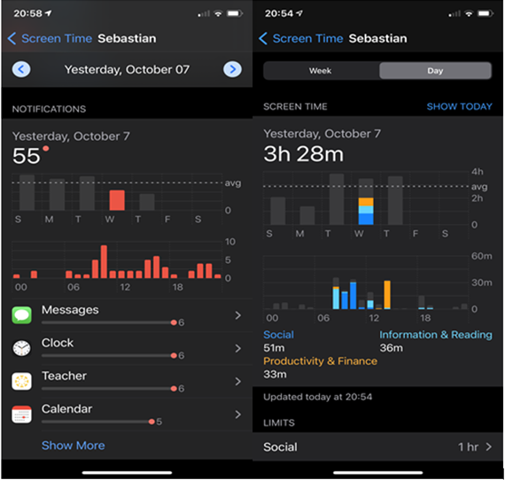 A couple of screengrabs from a smart phone screen. One detailing which apps were used the most and the other detailing the amount of screen time and what it was used on.